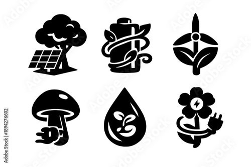 Nature-Tech Icons. Solid style icons of Nature + Technology: tree solar panel, vine battery, leaf windmill, mushroom plug, seed