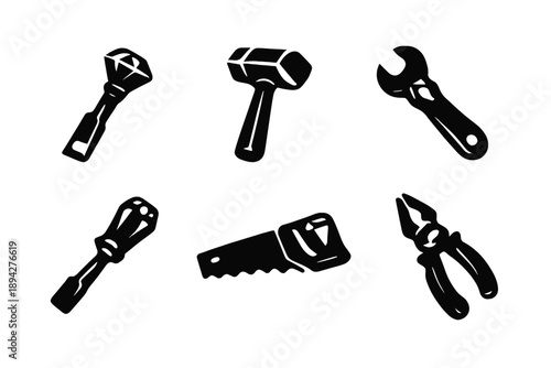 Gemstone Tool Icons. Solid style icons of Gemstone Instruments: diamond chisel, emerald hammer, sapphire wrench, ruby screwdriver,