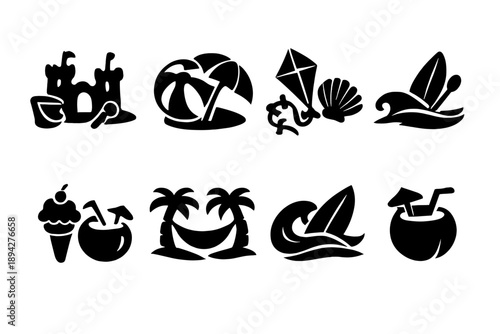 Seaside Fun Icons. Solid style icons of Seaside Entertainment: sandcastle bucket, beach ball umbrella, kite shell, paddleboard