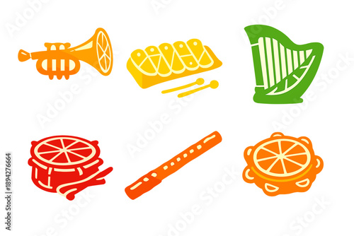 Citrus Instrument Icons. Solid style icons of Citrus Instruments: orange trumpet, lemon xylophone, lime harp, grapefruit drum,