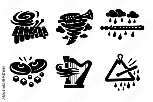 Musical Storm Icons. Solid style icons of Storm Sounds: hurricane marimba, tornado trumpet, drizzle flute, hail cymbals, wind harp