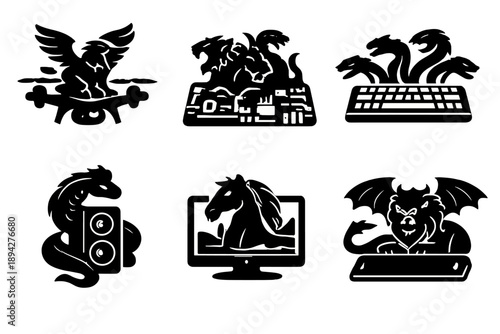 Mythical Tech Icons. Solid style icons of Mythical Electronics: griffin drone, chimera circuit board, hydra keyboard, basilisk
