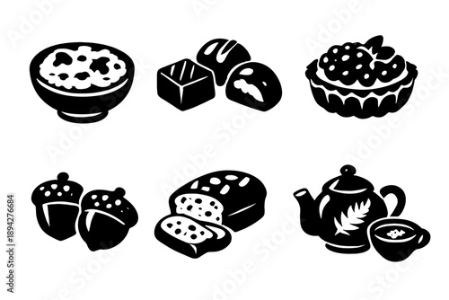 Forest Cuisine Icons. Solid style icons of Forest Cuisine: mushroom risotto, truffle chocolate, berry tart, acorn biscuit, pine