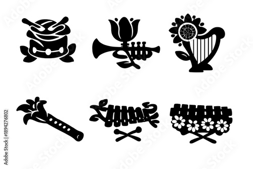 Botanical Music Icons. Solid style icons of Botanical Music: rose drum, tulip trumpet, sunflower harp, lily flute, vine xylophone,