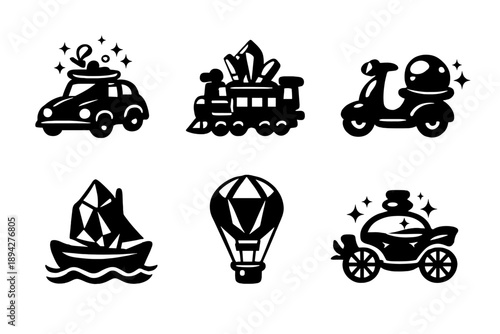 Enchanted Rides Icons. Solid style icons of Enchanted Rides: car spell, train crystal, scooter orb, boat prism, hot air balloon