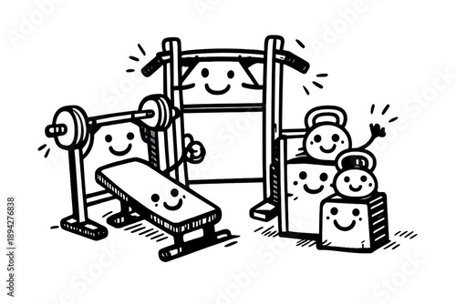 Doodle Fitness Station. Doodle-style vector icon of a multifunctional fitness station showing all three modes hinted together,