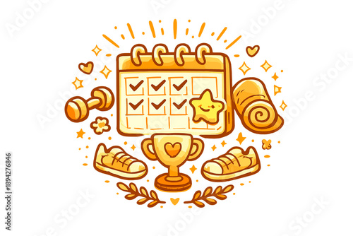 Fitness Challenge Accomplished Icon. Doodle-style vector icon of a completed weekly fitness challenge symbol radiating calm