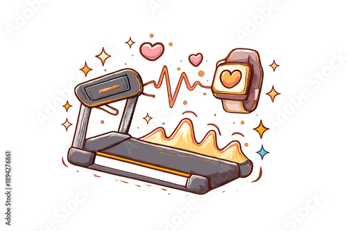 Pulsing Fitness Treadmill. Doodle-style vector icon of synchronized fitness rhythm, treadmill deck rising and falling with heart