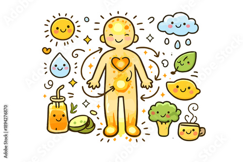 Wellness Detox Icon. Doodle-style vector icon of a wellness detox map, body silhouette with pulsing light areas showing cleansing