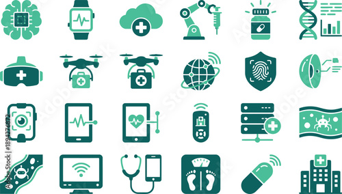 Advanced digital healthcare technology icons representing medical innovation, smart health solutions, and future wellness