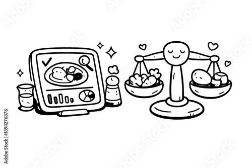 Futuristic Kitchen Icon. Doodle-style vector icon of a futuristic kitchen cookbook display completing meal analysis, balanced