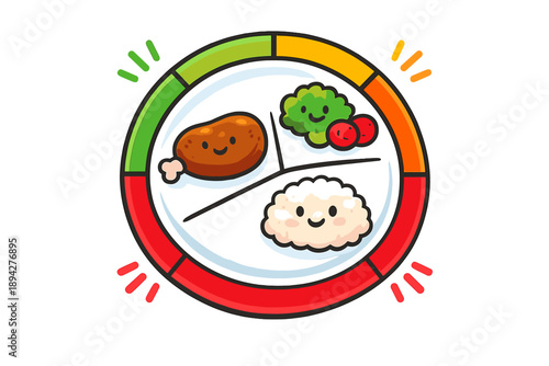 Smart Plate Doodle. Doodle-style vector icon of a portion-aware smart plate, colorful light segments around the border signaling
