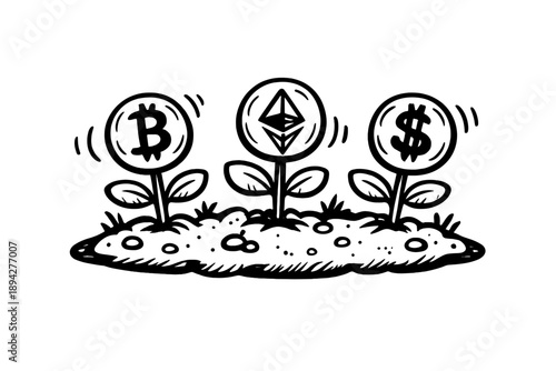 Digital Currency Garden. Doodle-style vector icon of a digital currency garden plot, young crypto plants growing side by side,