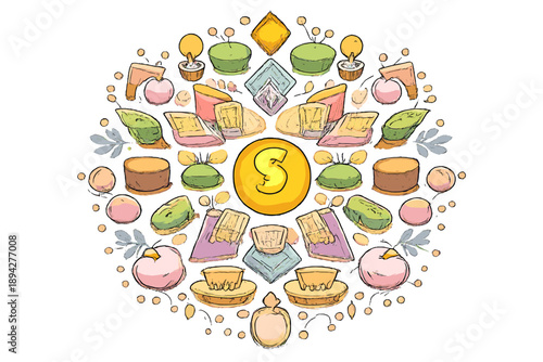 Investment Kaleidoscope Icon. Doodle-style vector icon of a complete investment kaleidoscope, stable central asset surrounded by