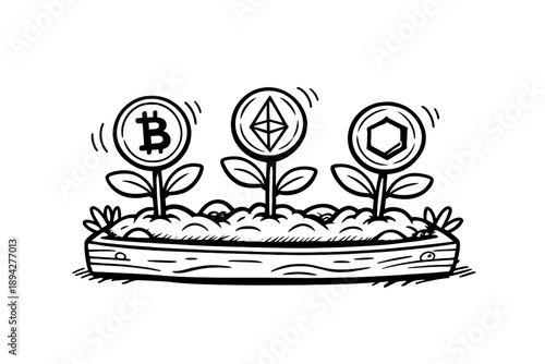 Digital Currency Garden. Doodle-style vector icon of a digital currency garden plot, young crypto plants growing side by side,