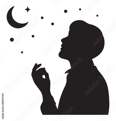 Child Gazing at Stars and Crescent Moon Silhouette
