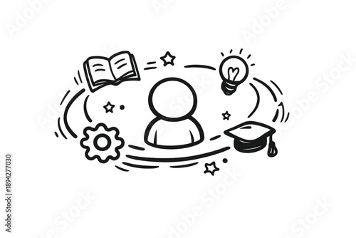 Knowledge Orbit Icon. Doodle-style vector icon of a knowledge orbit system, central user attracting rotating book and skill icons,