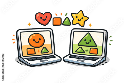 Cultural Fit Illustration. Doodle-style vector icon of a cultural fit visualization, interview screens reflecting matching shapes