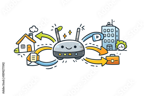 Hybrid Router Doodle. Doodle-style vector icon of a smart hybrid router distributing tasks, signal streams dynamically flowing