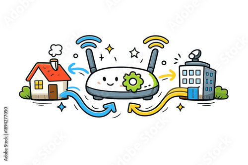 Hybrid Router Doodle. Doodle-style vector icon of a smart hybrid router distributing tasks, signal streams dynamically flowing