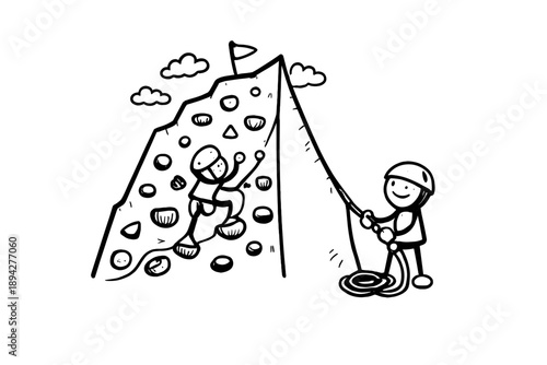 Career Wall Climbing. Doodle-style vector icon of a career wall half conquered, numerous project holds already climbed, mentor