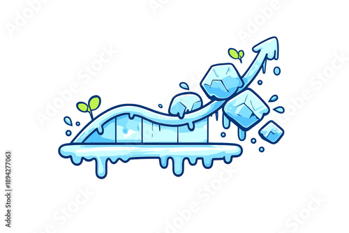 Melting Graph Doodle. Doodle-style vector icon of a melting uncertainty graph, icy blocks breaking away from a rising curve, tiny