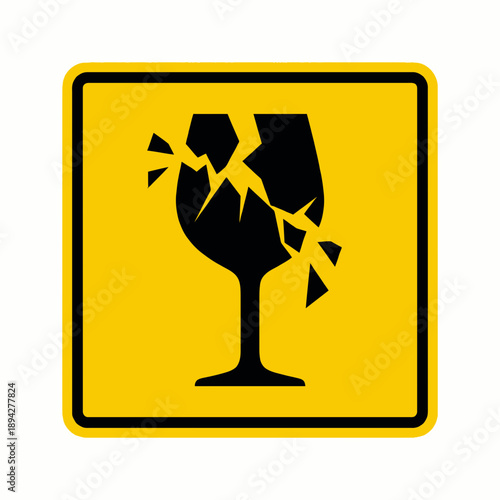 Fragile glassware warning sign indicating broken glass in a simple black and yellow design effectively conveying caution and handling instructions for delicate items during transportation or storage.