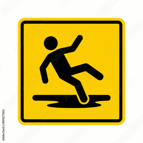 Person slipping on a wet floor warning sign indicating caution and potential hazard in a public or private space requiring attention to safety measures