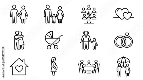 Minimalist Family and Relationship Line Icon Set Featuring Couple Holding Hands, Parents with Child, Family Tree, Hearts, Hugging, Baby Stroller, Grandfather, Wedding Rings, Home, and Pregnancy.