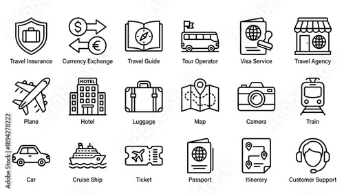 Set of 18 travel and tourism line icons including plane, hotel, luggage, passport, cruise ship, car, train, camera, map, ticket, itinerary, visa service, and insurance for vacation planning.