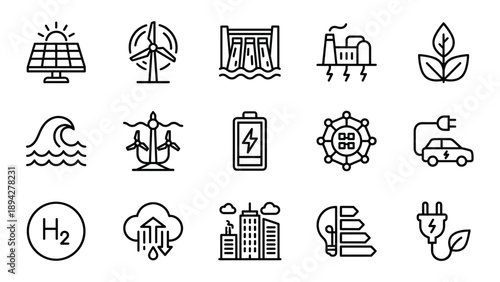 Minimalist Sustainable Energy and Green Power Line Icon Set. Vector Graphics for Renewable Resources: Solar, Wind, Hydro, Geothermal, Biomass, Wave, Tidal, Battery, Smart Grid, EV, and Hydrogen.