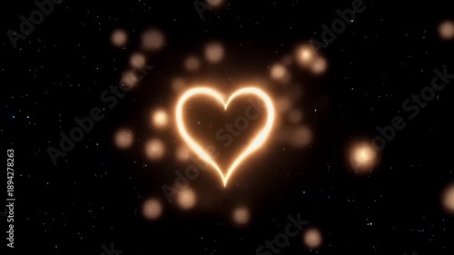 Golden Heart Shape Drawn with Glowing Light and Sparkling Particles