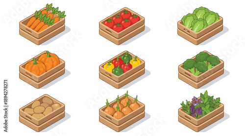 Isometric Vector Icon Set of Fresh Organic Farm Vegetables in Wooden Crates Featuring Carrots, Tomatoes, Lettuce, Pumpkins, Bell Peppers, Broccoli, Potatoes, Onions, and Herbs for Grocery Market.