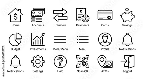 Minimalist Line Art Vector Icon Set for Mobile Banking App Interface, Featuring Essential Financial Symbols for Savings, Investments, Transfers, Payments, Budgeting, Profile, and ATM Locations.