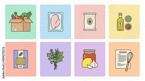 Vector icon set of meal kit ingredients featuring fresh vegetables in a box, chicken, rice, olive oil, pasta, herbs, sauce, lemon, garlic, and a recipe card with a whisk in flat design style.