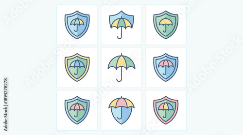Vector Icon Set of Insurance Symbols Featuring Umbrellas and Shields in a Flat Design Style with a Pastel Color Palette, Ideal for Business Protection, Security, and Risk Management Concepts.