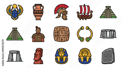 Vector Icon Set of Ancient History and Archaeological Artifacts Featuring Egyptian Pharaoh Mask, Mayan Pyramid, Viking Ship, Roman Helmet, Stonehenge, Moai Statue, and Terracotta Warrior.