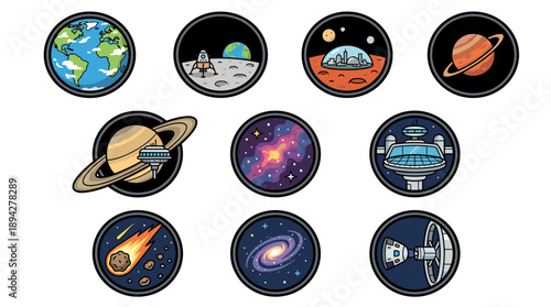Vector Icon Set of Space Tourism and Exploration Featuring Earth, Moon Landing, Mars Colony, Saturn, Nebula, Galaxy, Space Station, and Asteroid in a Bold Outline Flat Color Design Style.