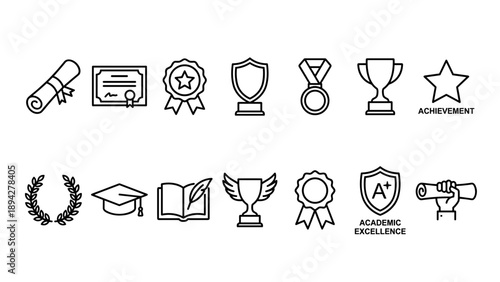 Set of 14 minimalist black line icons representing certification and academic achievement, featuring diploma scrolls, certificates, award badges, medals, trophies, graduation caps, and shields.