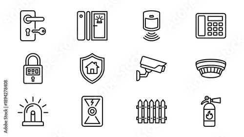 Minimalist home security icon set with door lock, window sensor, motion detector, alarm system, padlock, house shield, CCTV camera, smoke detector, siren, electric fence, and fire extinguisher.