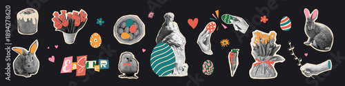 Vintage collage collection with Easter motifs. Retro spring holiday stickers featuring bunny, eggs, chick, blooming flowers and bird nest. Vector elements for seasonal design, cards, posters, scrapboo