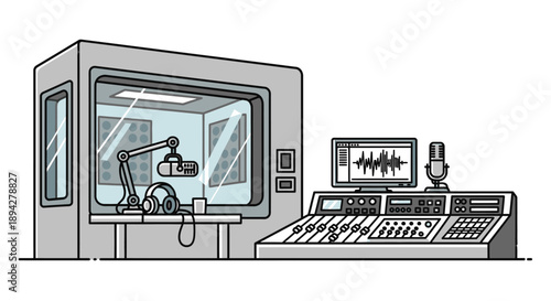 A robotic arm is recording sound inside an isolated studio with a mixing console and microphone on a white background