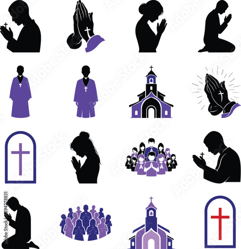 Religious Icons Set with Praying Figures and Symbols in Flat Design Vector Illustration