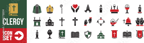Clergy and Religious Symbols Flat Design Vector Illustration Set for Worship and Faith