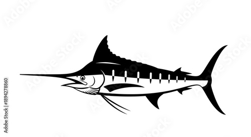 Black and white illustration of a marlin fish isolated on a white background viewed from the side