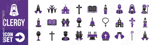 Clergy icon set with religious symbols and figures in flat design vector illustration