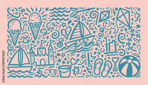 Hand drawn summer beach doodle pattern with sailboats sandcastle ice cream and sun elements