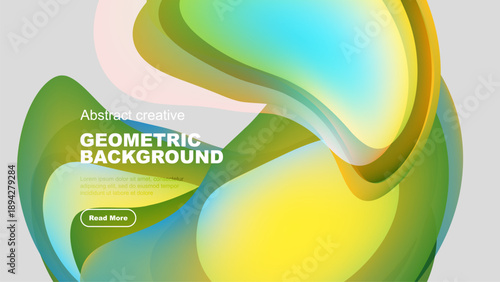 Fluid shapes blend, creating vibrant abstract background. Colors transition smoothly, offering modern visual appeal. Design includes text, button.