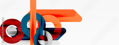 Abstract geometric shapes overlap, creating dynamic visual composition. Orange, red, blue hues dominate design. Minimalist style.