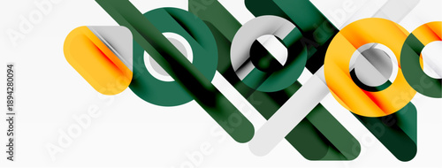 Abstract design features overlapping shapes, green, gray, orange hues. Minimalist composition creates dynamic visual effect.